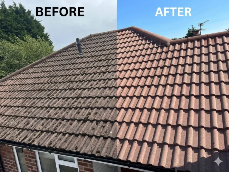Roof cleaning before and after in Manchester, moss removed from concrete roof tiles